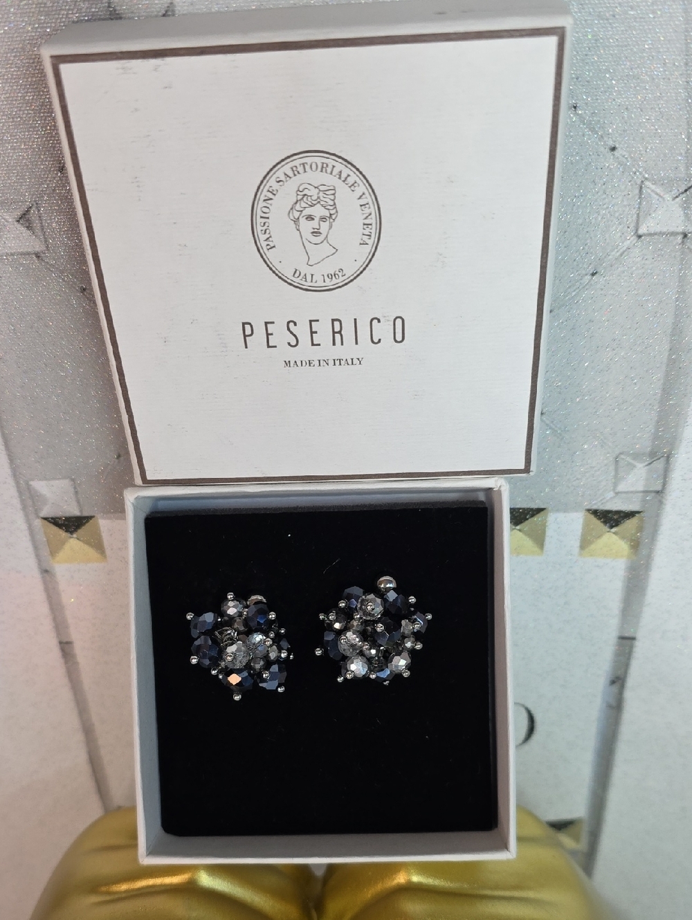 Peserico Navy and Silver Crystal Cluster Stud Earrings